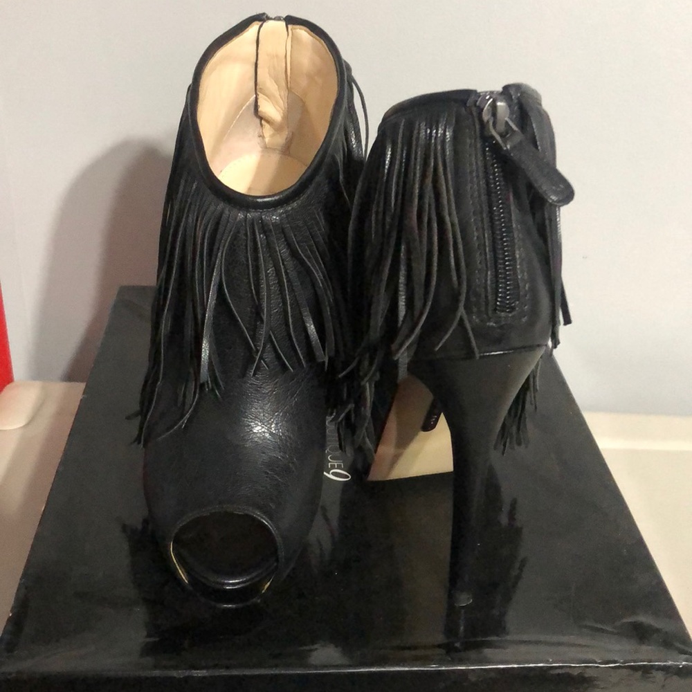 Black leather fringe high heeled open toed booties